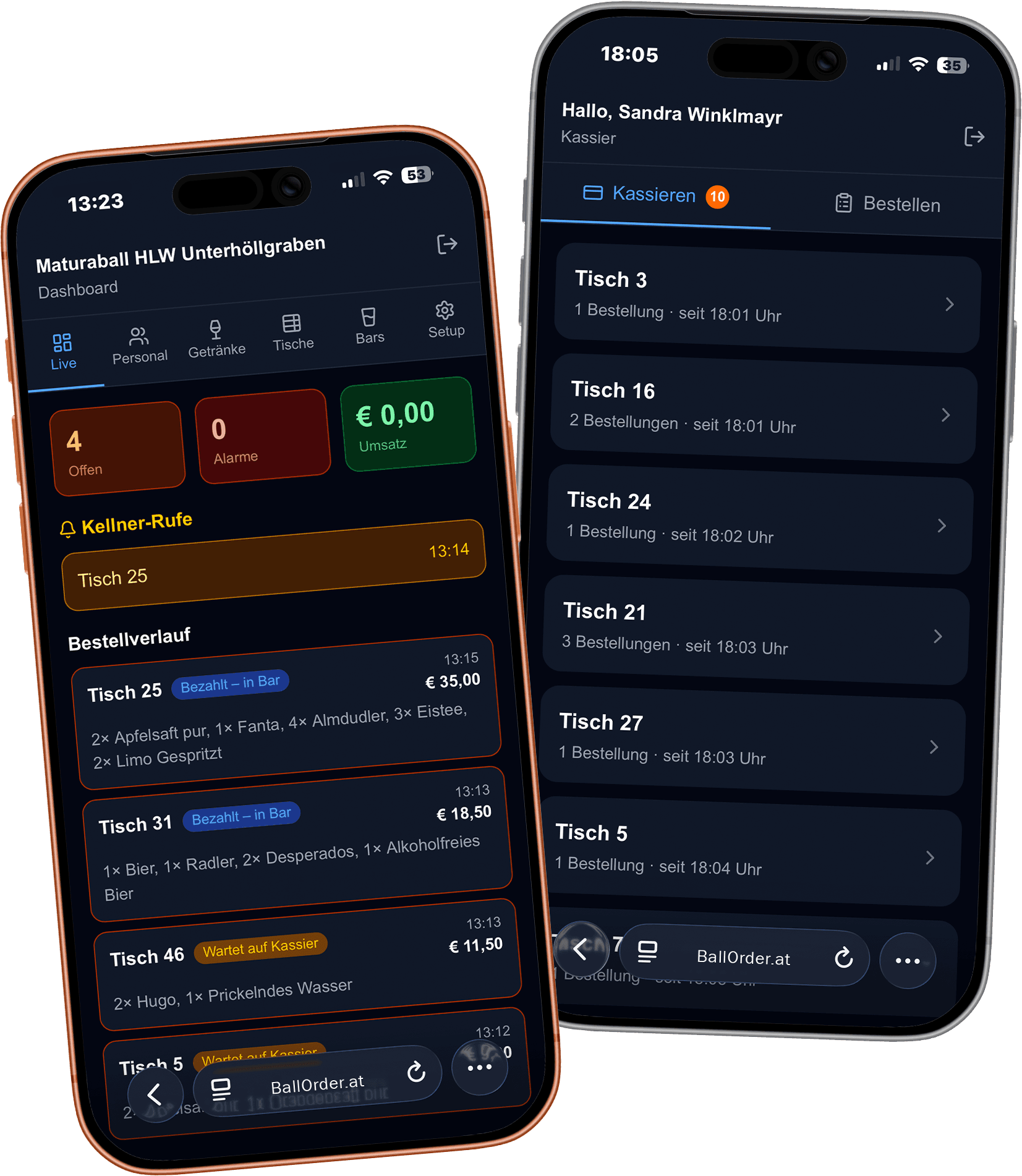 EventOrder App auf zwei iPhones — Dashboard und Kassier-Ansicht