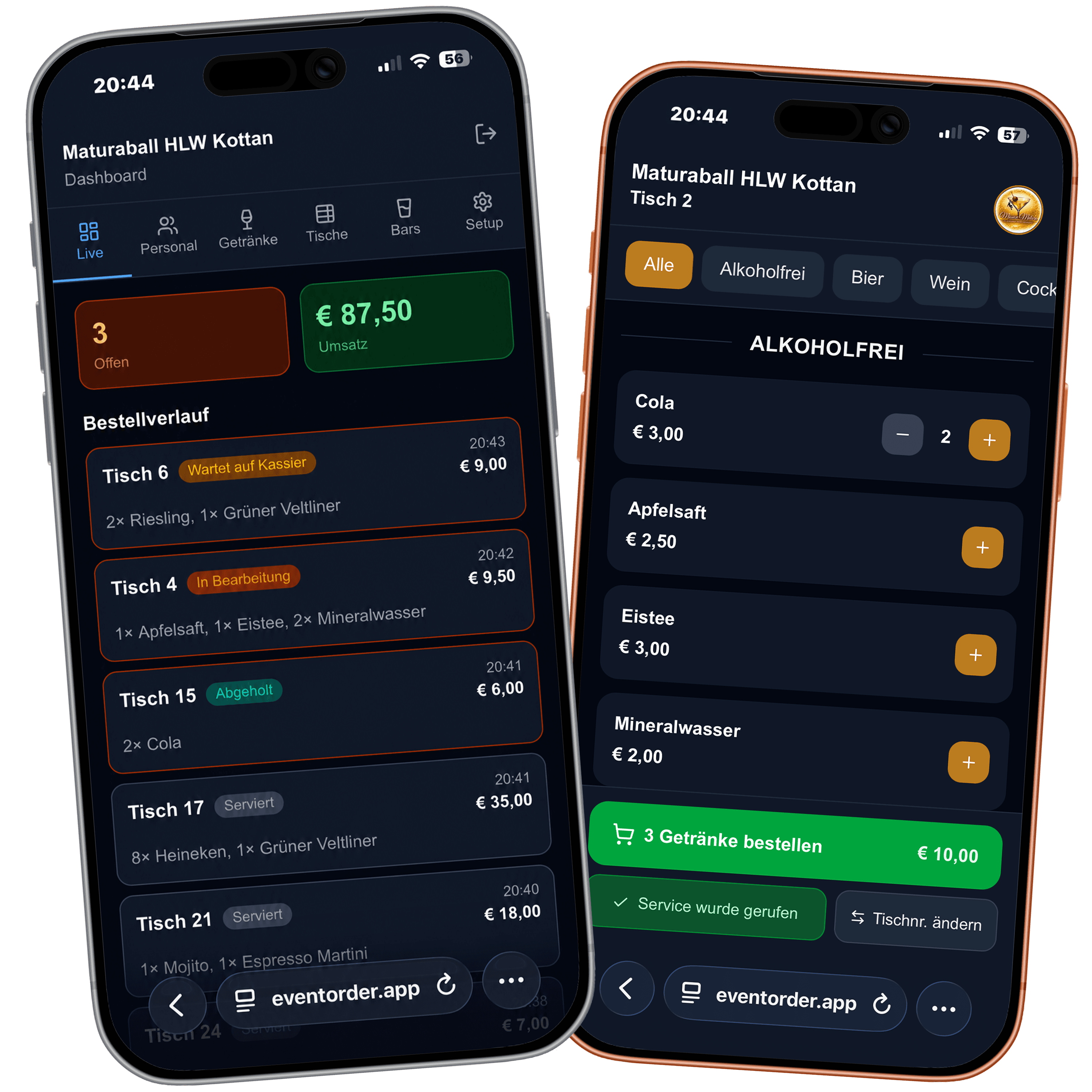EventOrder App auf zwei iPhones — Dashboard und Getränke-Bestellansicht